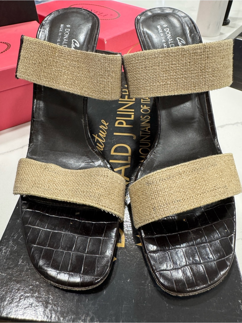 Donald J. Pliner Black Croc Footbed Sandals with Beige Straps